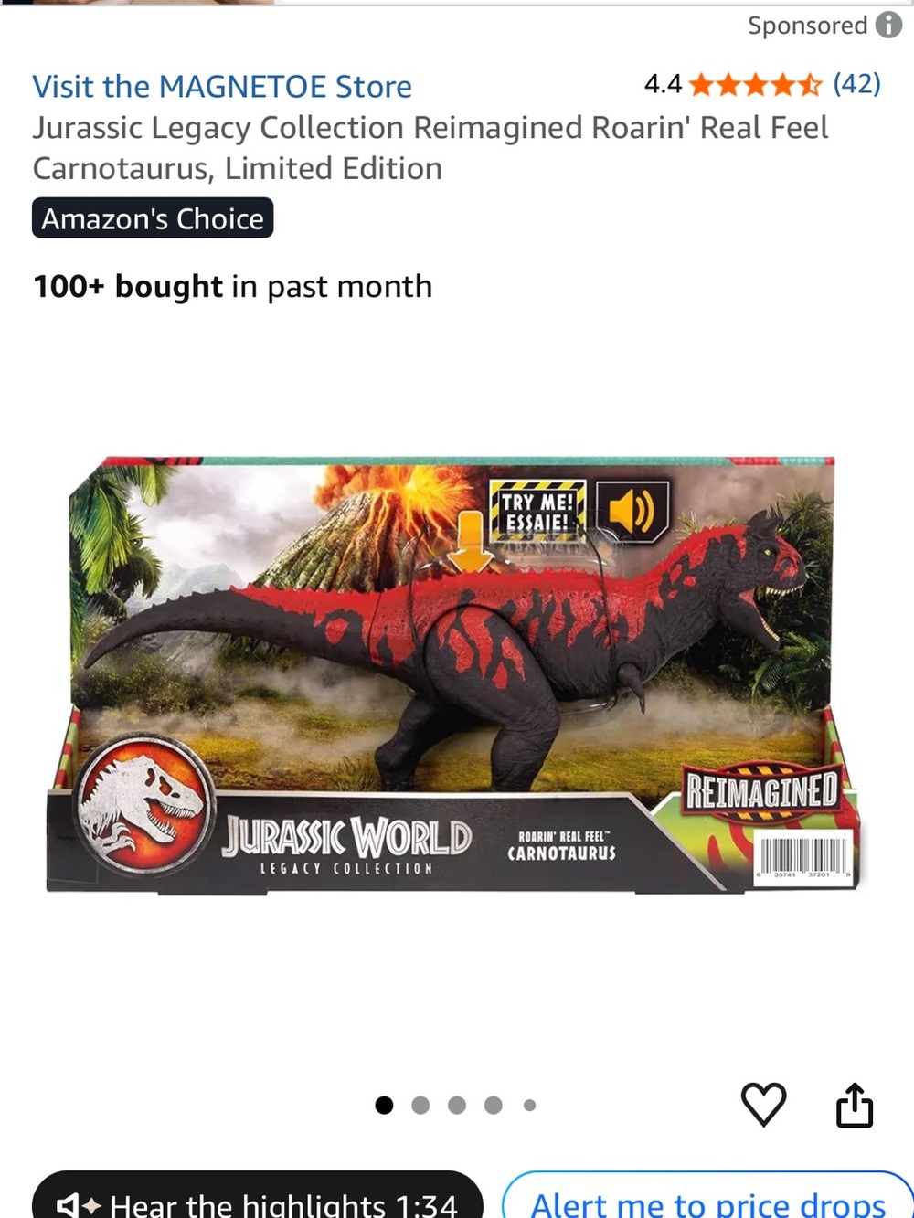 Reimagined Red & Black Carnotaurus Toy - Roaring Action Dino
